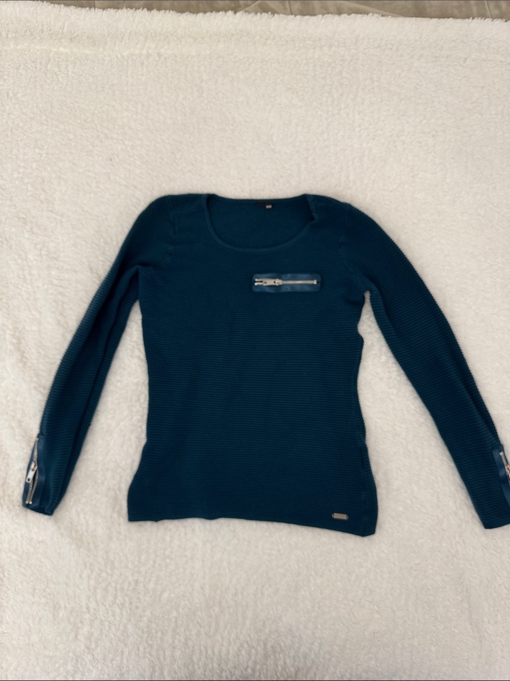 Long Sleeve Ribbed Sweater Top in Teal with Zip Accents